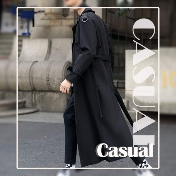 💫 Men Black Long Trench Coat Oversized Casual windbreaker Double Breasted Coat - Picture 3 of 7
